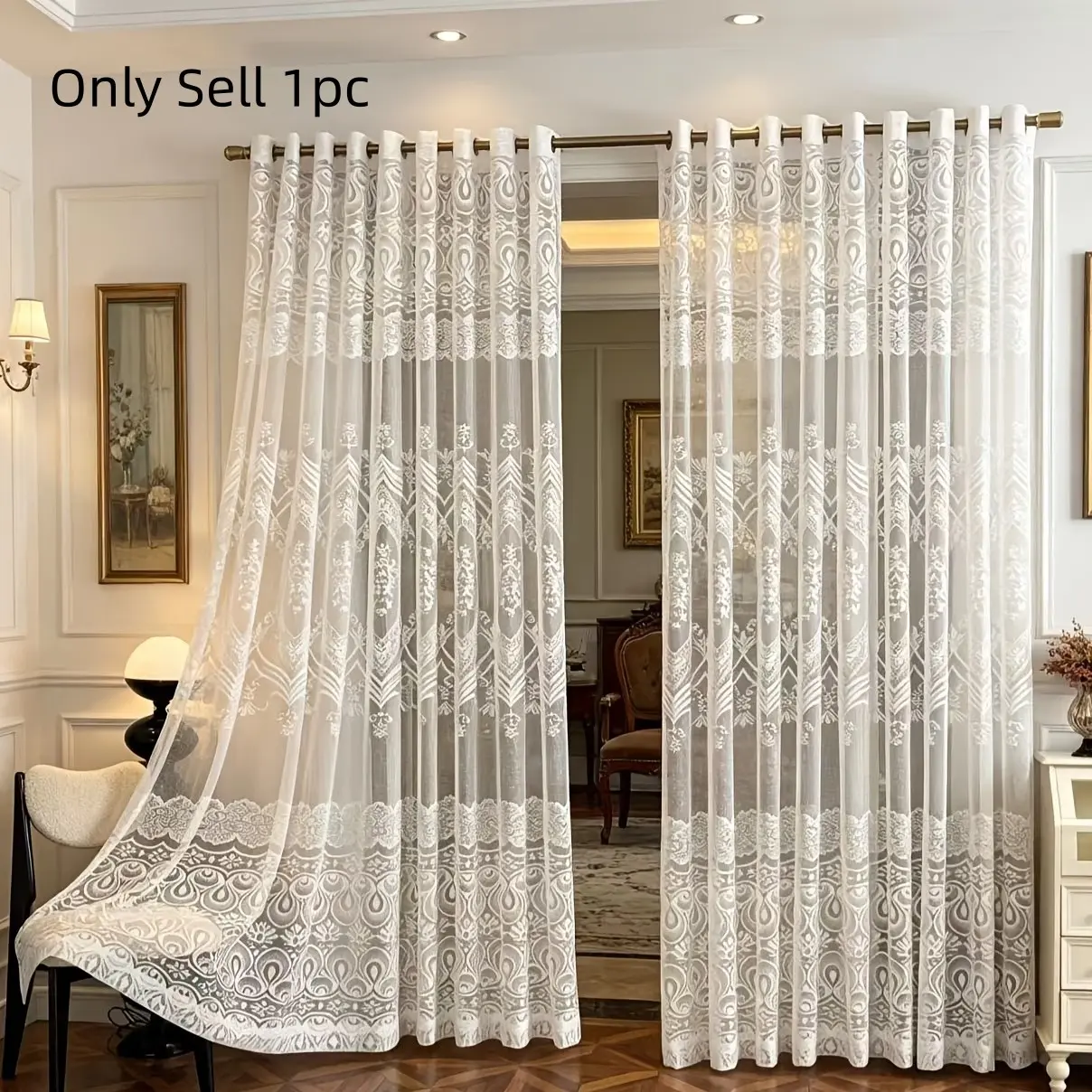 1pc European Embroidered Sheer Curtain, Embroidered Curtains, Window Sheers, Semi-Transparent Soft Light Drapes, Bedroom Living Room Luxury Window Shade, Home Decor