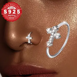 1pc S925 Pure Silvery Women's Cross Nose Ring, Adjustable Design with Sparkling Synthetic Synthetic Zirconia, Vintage Luxury and Hypoallergenic, Perfect for Daily Wear and Music Festivals, Holiday Gift |     Vacation Present