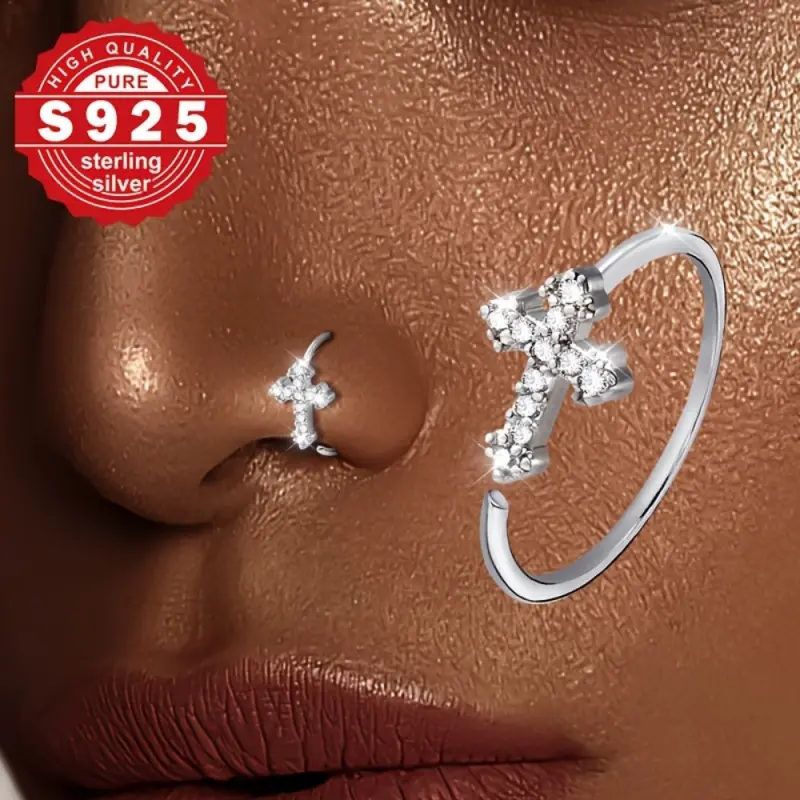 Women's S925 Pure Silver Cross Nose Ring - 1pc Adjustable Hypoallergenic Nose Stud Jewelry with Sparkling Synthetic Zirconia, Vintage Luxury for Daily Wear & Music Festivals, Holiday Gift, Nose Rings