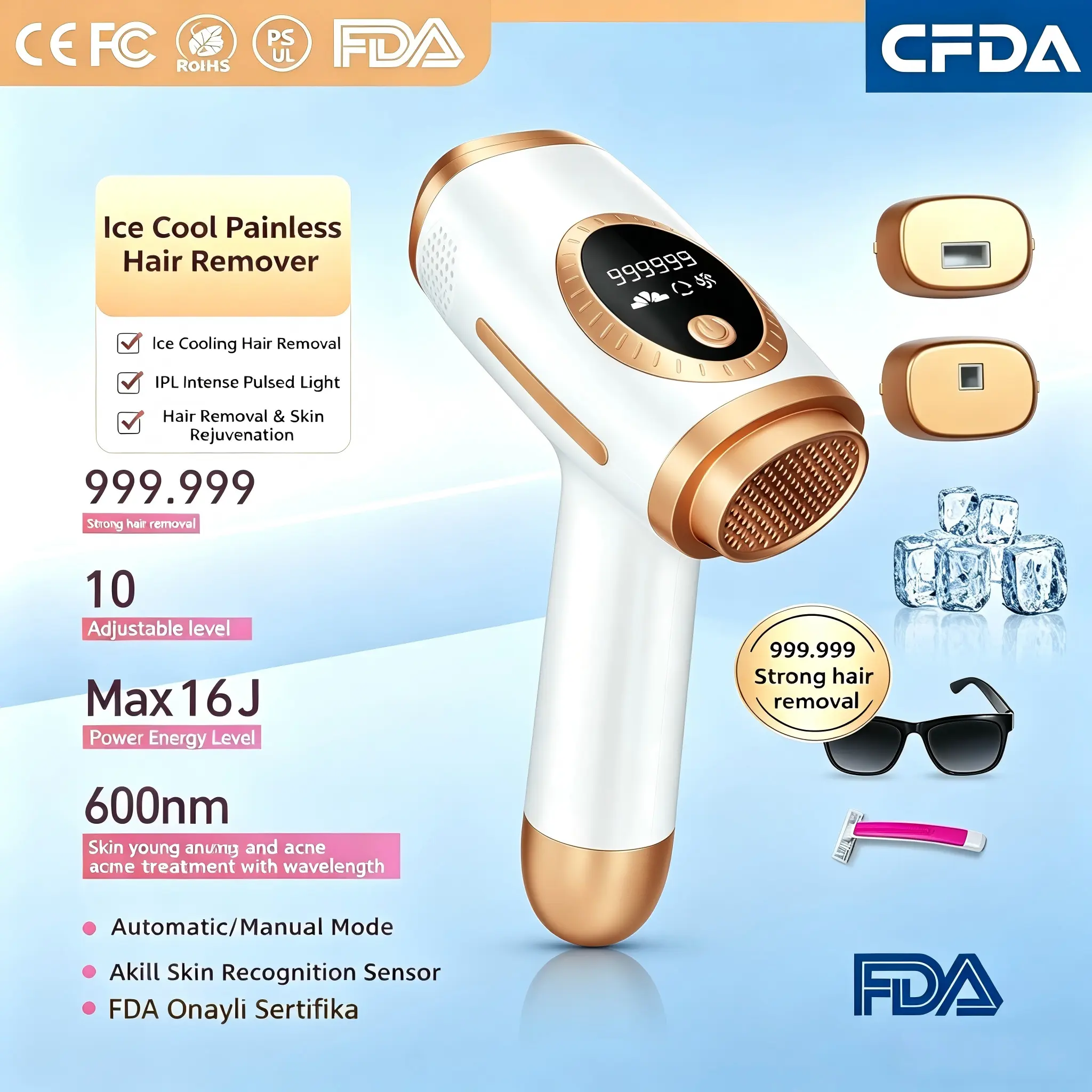 IPL Hair Removal Device At Home Ice Cooling Painless Laser Hair Remover, SHR Mode, Dual Lights, Skin Sensor, 999K Flashes, Long-Lasting Hair Reduction for Women & Men Full Body Face Legs Bikini Underarms Hair Removal Tool