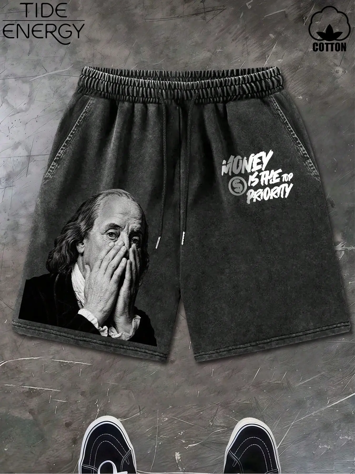 Men's Benjamin Franklin Money Print Fitted Printed Shorts, Y2K Street Style Cotton Menswear Shorts, Vintage Look Casual Pants for Daily Wear & Street Fashion