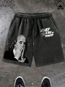 Men's Benjamin Franklin Money Print Fitted Shorts, Y2K Street Style Cotton Menswear Shorts, Vintage Casual Pants for Daily Wear & Street Fashion