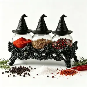 Witch Hat Spice Jar Set of 3 with Gothic Display Base – Vintage Handmade Glass Seasoning Containers for Salt & Pepper, Halloween Kitchen Decor & Gothic Home Gift