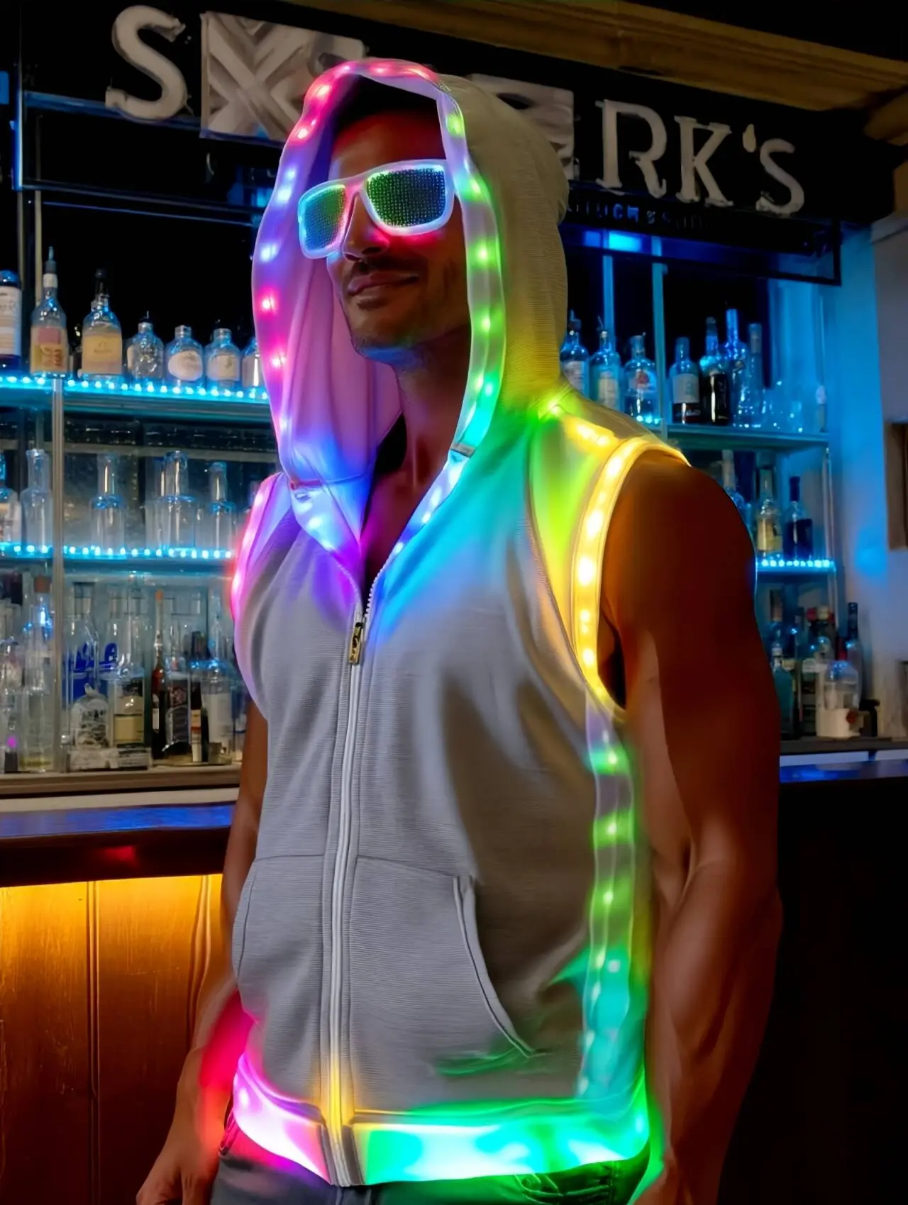 Men White Hooded Tank LED Light Up Sync Burning Man Rave Tops Night Club Show for Halloween Dance Party Sweatshirts Menswear