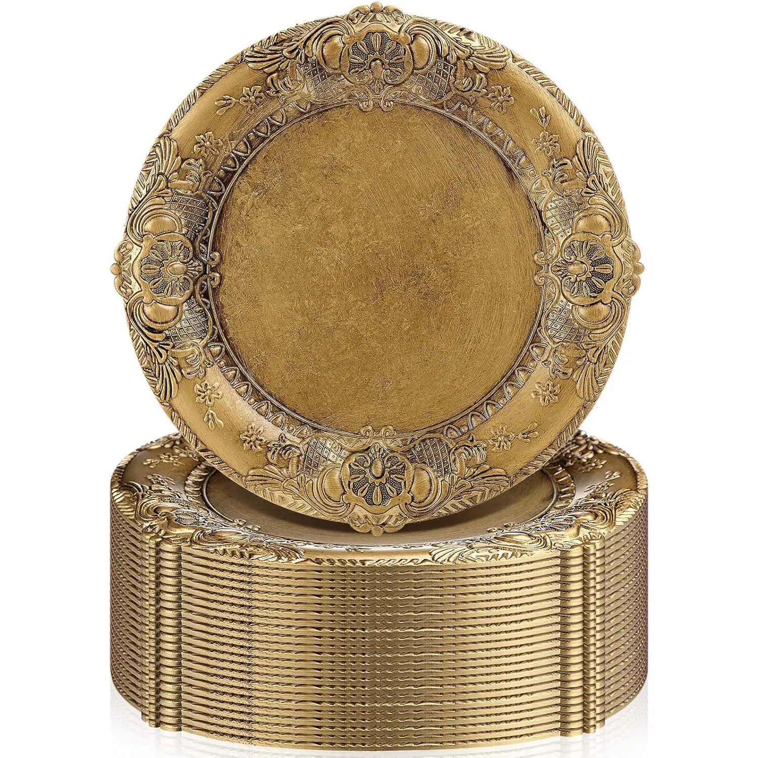 Mifoci Antique Gold Charger Plates Set of 24 Plastic Gold Chargers for Dinner Plates Decorative 13" round Plate Bulk with Embossed Rim for Dinner, Party, Wedding(Classic)