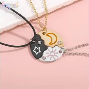 Anygoal Magnetic Puzzle Necklace Set for 3 Sun Moon Star Puzzle Necklace , With magnetic effect Interlocking Matching Friendship Necklaces with Rhinestone Accents, Mixed Chain BFF Jewelry for Best Friends, Sisters, Birthday Gifts Valentine's Day cute