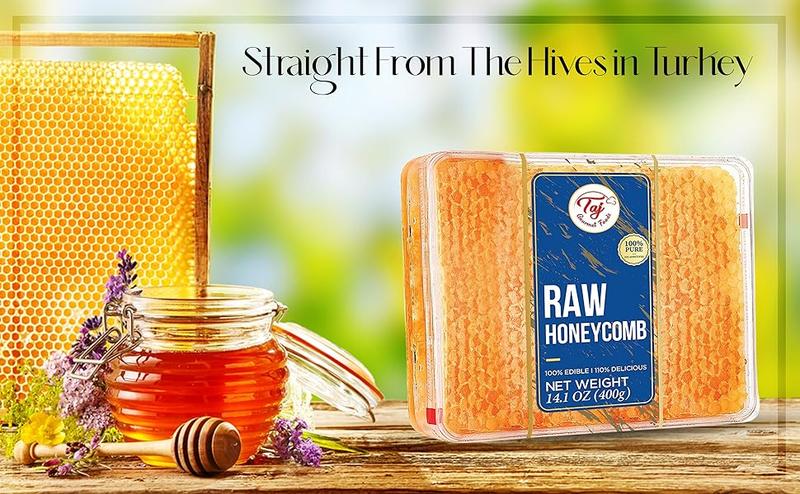 Taj Gourmet All Natural Raw Honeycomb Honey Pure Turkish Raw Honey Comb -All Natural Edible Honey Combs Raw Edible - Perfect For Healthy Smoothies Honey With Honeycomb, 200g (7.05oz)