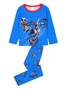 Boys Long Sleeve Round Neck Shirt and Pants Set, Digital Print Motorcycle Design, Comfortable Casual Wear for All Seasons, Outfit