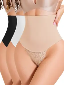 JUQDNX Women's 3-Pack Tummy Control Thong Shapewear Mid/High Waist Body Shaper with Lace Trim Soft Comfortable Breathable for All Occasions - Casual，Halloween and Black Friday