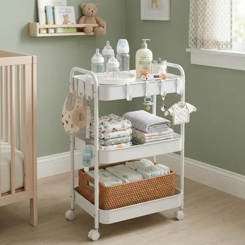 3-Tier Rolling Utility Cart with Lockable Wheels - Heavy-Duty Metal Storage Organizer, Mesh Shelves, 4 Hooks, Assemble-Easy Space-Saving Multifunctional Cart for Kitchen, Office, Bathroom (Pink & White)