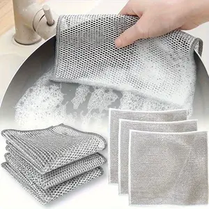 10-Count Polyester Durable Non-Scratch Wire Dishwashing Rags, Reusable Washable for Wet & Dry Use, Removable Cleaning Cloths for Kitchen Sinks & Pans (Silver)
