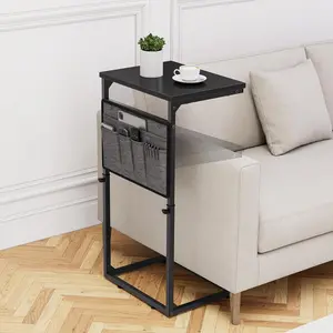 C Shaped End Table, 33'' Tall Side Table for Couch, Adjustable Height Small Couch Side Table for Small Spaces, End Table Slide Under Sofa Table TV Tray with Metal Frame for Living Room, Black