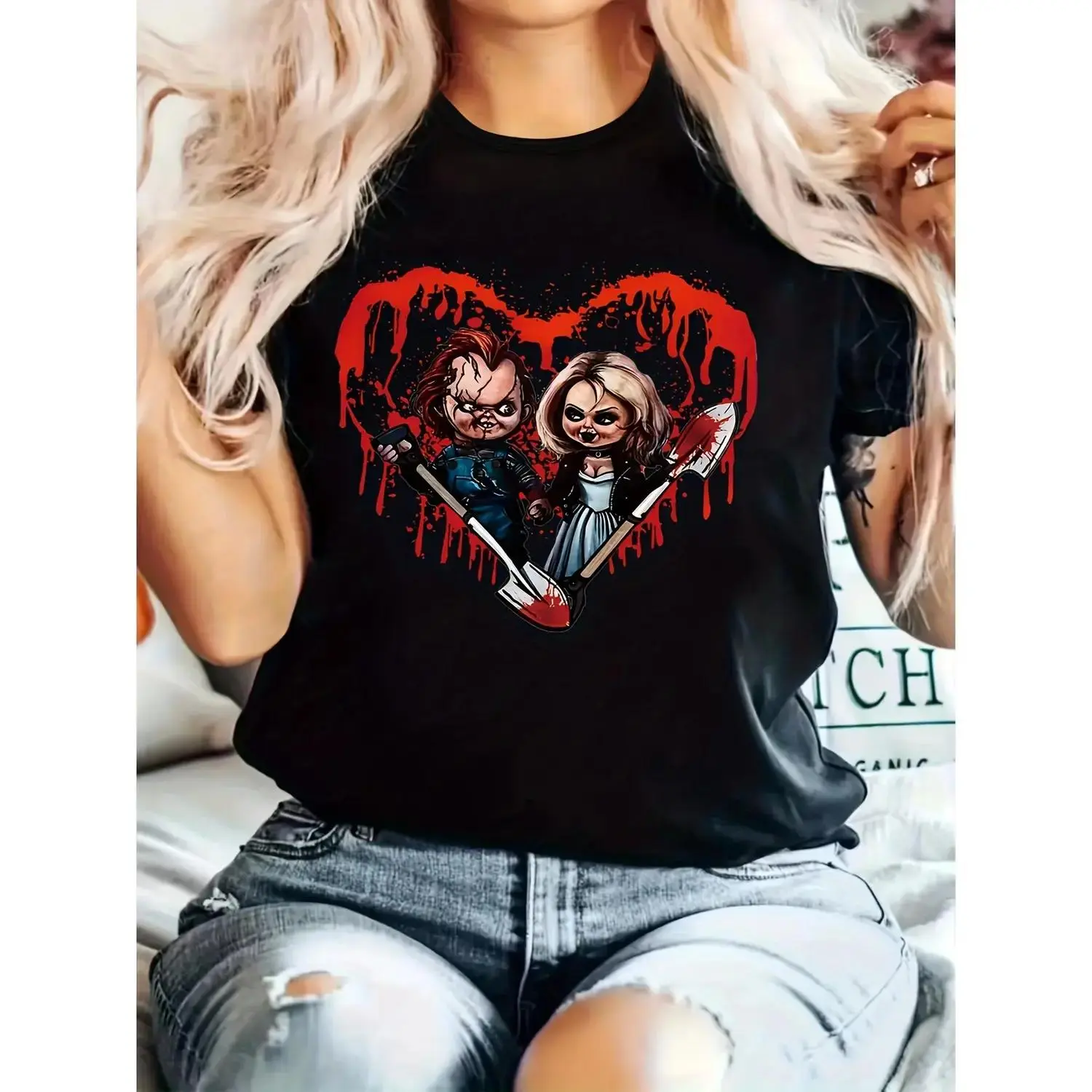 Women Halloween Chucky Graphic Cotton T-shirt Black Horror Movie Style with Red Heart Knife Design Soft Stretch Round Neck Machine Washable Casual Party Wear