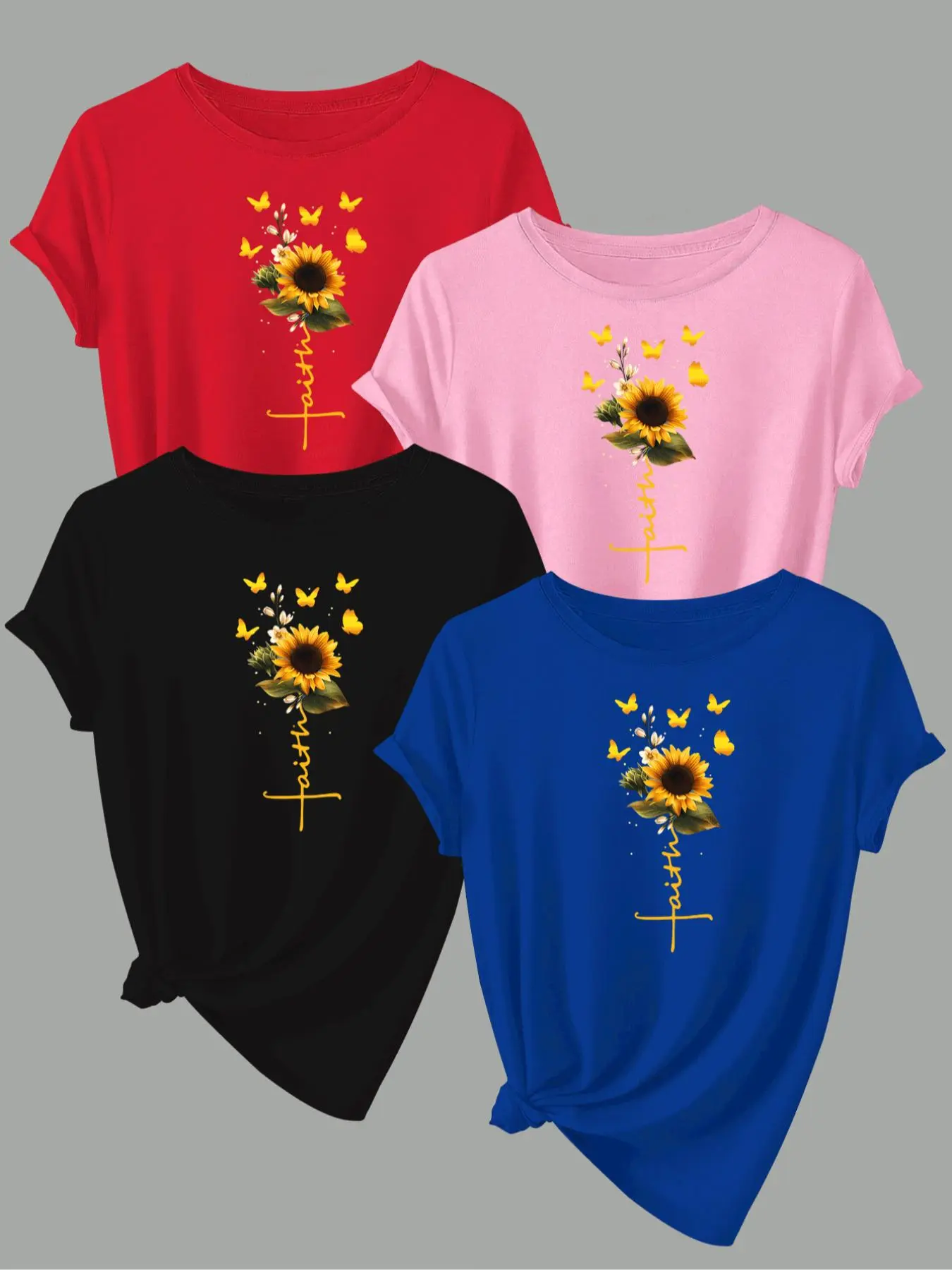Women's Floral Print Cross & Sunflower Tee, Casual Comfy Round Neck Short Sleeve T-Shirt for Daily Wear, Ladies Sportswear for All Seasons, Top