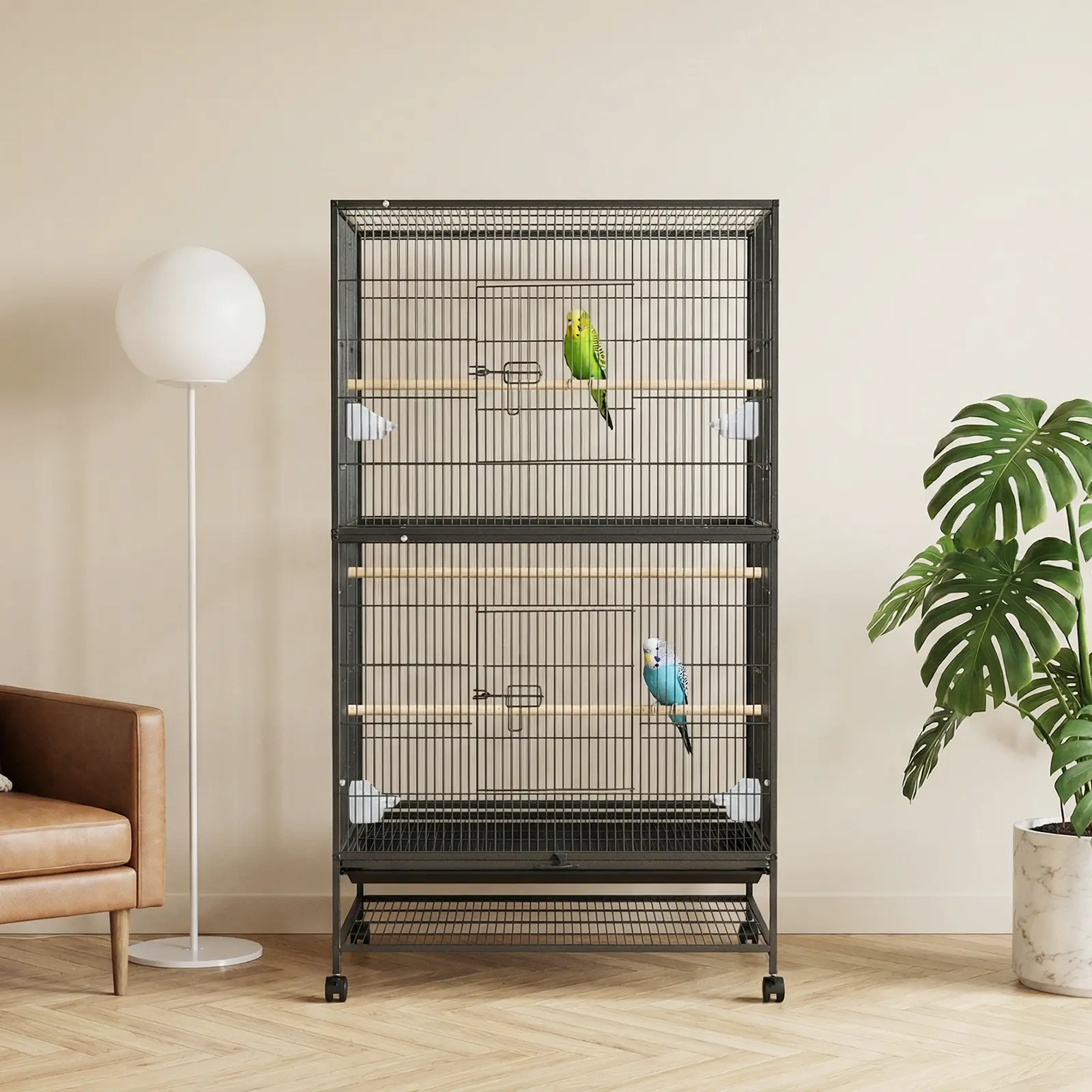 Spacious 60 inch Bird Cage with Rolling Stand, Heavy Duty Metal Parrot Cage for Cockatiels Budgies Lovebirds, Large Flight Birdcage with Removable Tray, Food Bowls, Wood Perches & Storage Shelf, Black