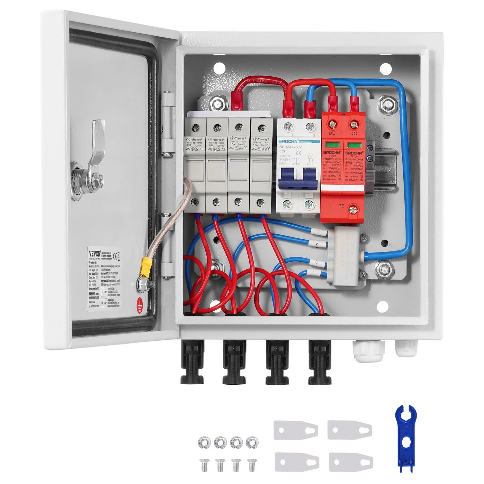 【summerfinds】VEVOR Solar PV Combiner Box 4 String 15A for Solar Panel System Steel Case IP65, Solar Connector