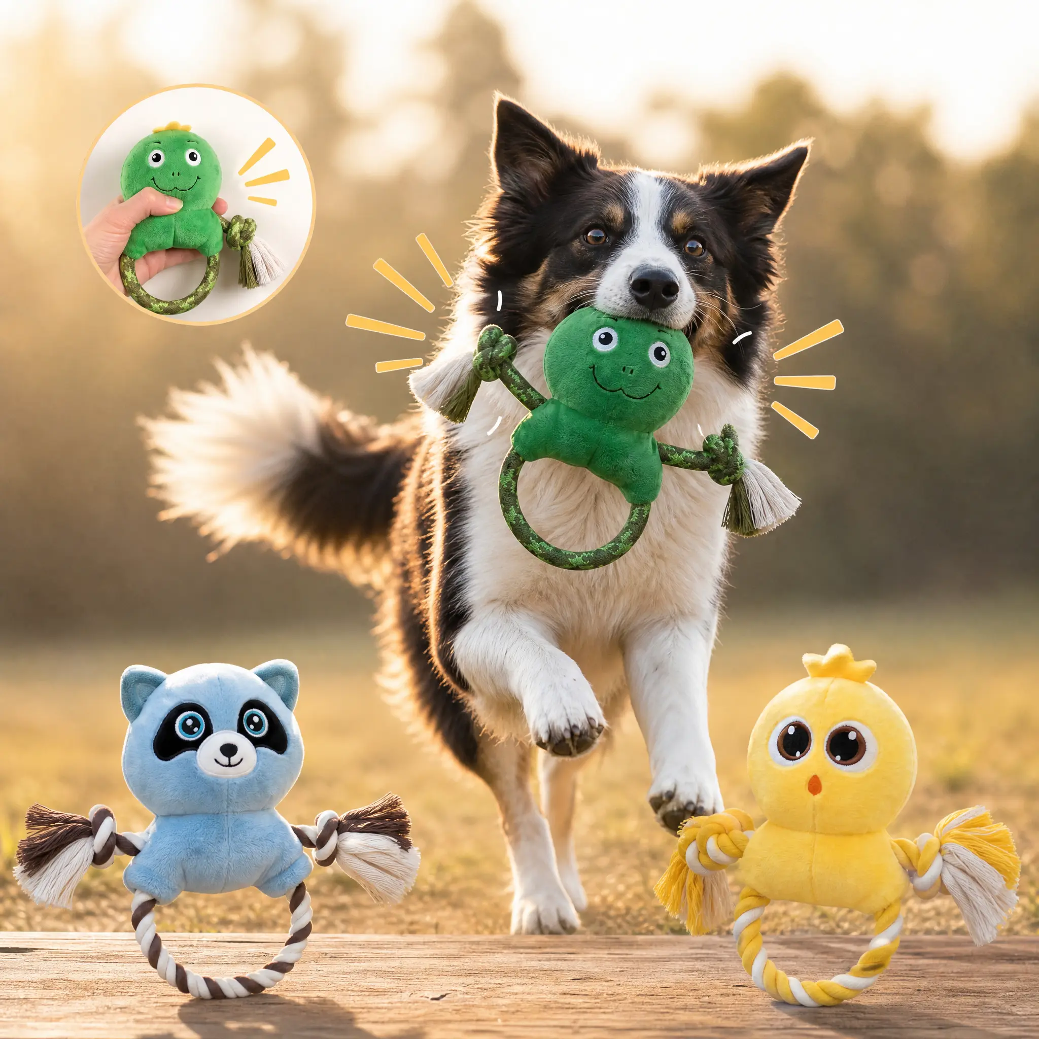 Plush Dog Rope Toy with Squeaker, Cute Animal Interactive Chew Toy, Soft Tug & Fetch Enrichment Toy for Small, Medium & Large Dogs