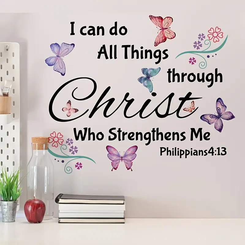 Butterfly, Floral and Wall Stickers, Self Adhesive Sticker, Bible Verse Philippians 4:13, Easy Peel and Stick PVC Decals, Classic Style Home Decor