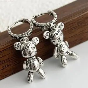 S925 Sterling Silver Movable Bear Hoop Earrings | Love & Peace Engraved Dangle Earrings for Women & Men