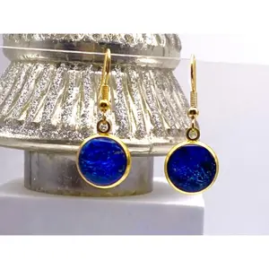 Gold Plated Stainless Steel Dangle Earrings-Blue Foil Resin Druzy Earrings