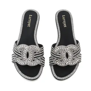 Women's Rhinestone Strap Slide Sandals Open Toe Slip-On Flats for Beach & Casual Wear