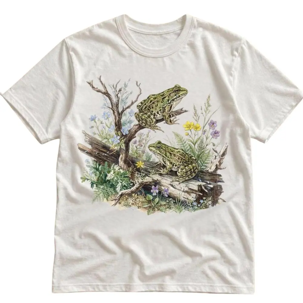 The Vintage Frog Nature Illustration T-Shirt, Botanical Wildlife Graphic Tee, Cottagecore Frog Shirt, Gift For Woman, Gift For Men, Womenswear Top Underwear Streetwear, Trending Shirt