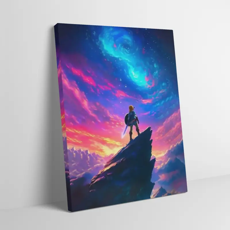 The Legend of Zelda Link Galaxy Sunset Canvas Wall Art, Home Wall Art, Hyrule Mountain Top Art Print, Anime Style Game Poster, Fantasy Decor for Gaming Room & Bedroom