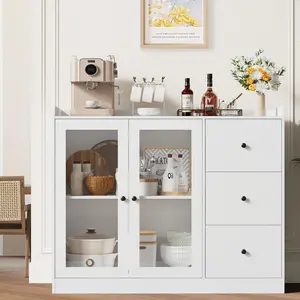 【GARVEE】Sideboard Buffet Cabinet with Storage, 43" Coffee Bar Cabinet with Glass Doors and 3 Drawers, Kitchen Storage Cabinet with Adjustable Shelves for Dining Room, Living Room, White