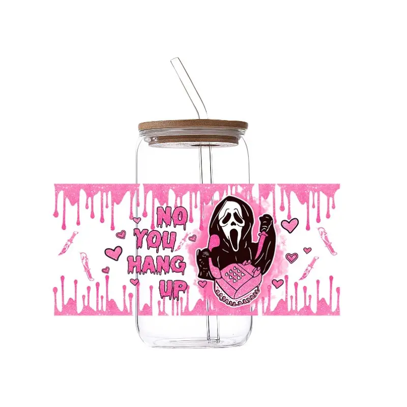 UV DTF Cup Wraps - 5 Sheets Pink Ghostface Halloween Gifts for 16 oz Glass, UV DTF Wraps Waterproof Stickers UV DTF Cup Wrap Transfer for Glass Cups Wood Crafts