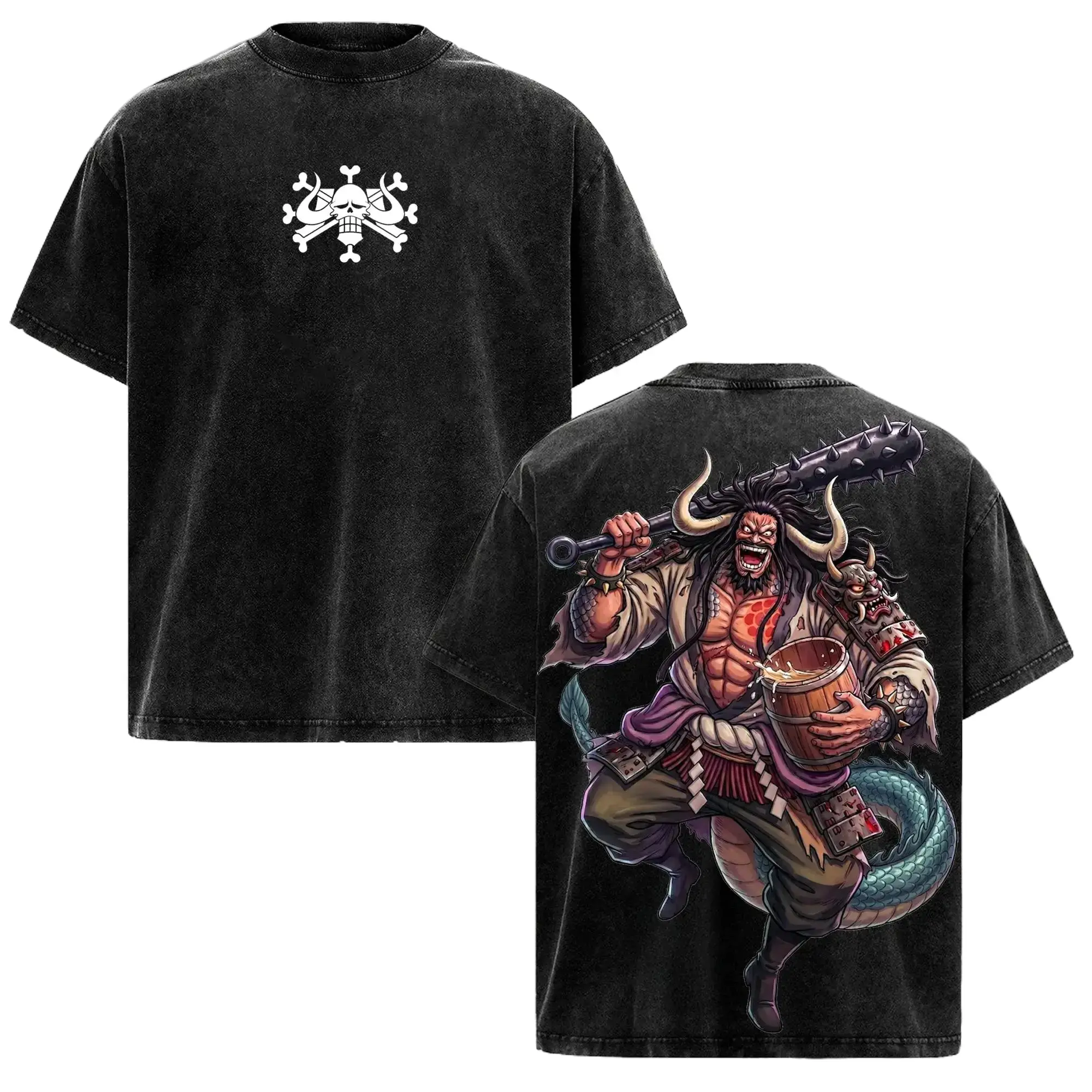Kaido One Piece Washed Anime Tee – Vintage Oversized Dragon Emperor Graphic T-Shirt, Beast Pirate Streetwear, Dark Anime Villain Aesthetic Cotton Tee for Manga Fans