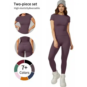 Women's 2 Piece Workout Set - Athletic T-Shirt & High Waist Leggings - Activewear for Gym Running Yoga - Crew Neck - 95% Polyester 5% Spandex - High Elasticity & Versatile