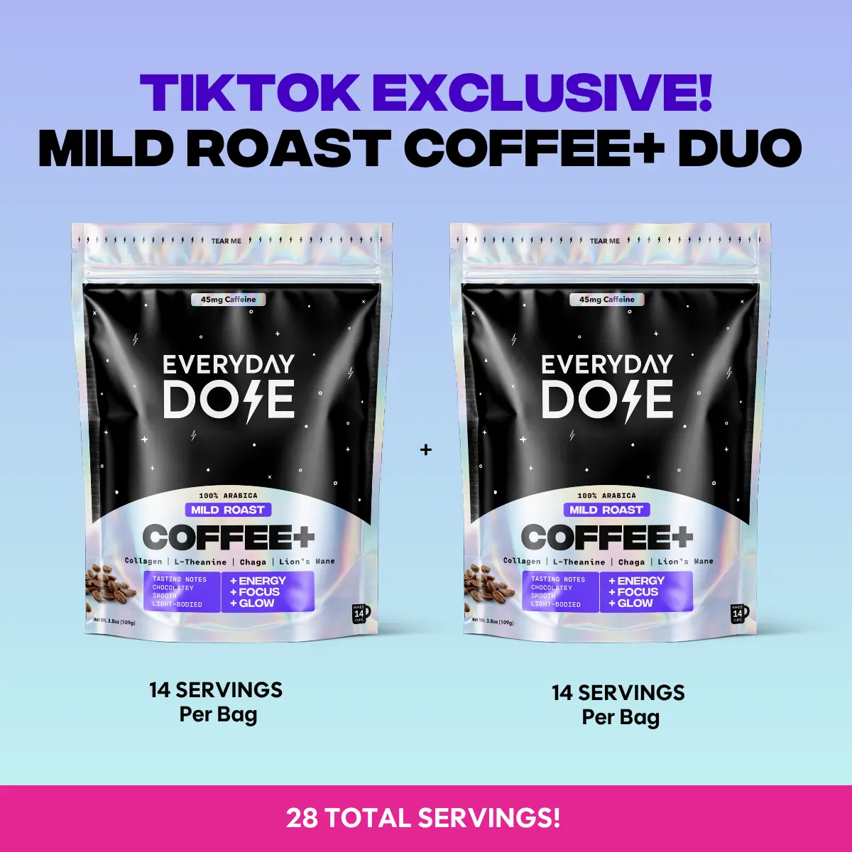 Two 14 Serving Coffee+ Mild Roast Beverage | Coffee Blend with Lion's Mane, Chaga, L-Theanine, and Collagen Protein | 2 14 Serving bags
