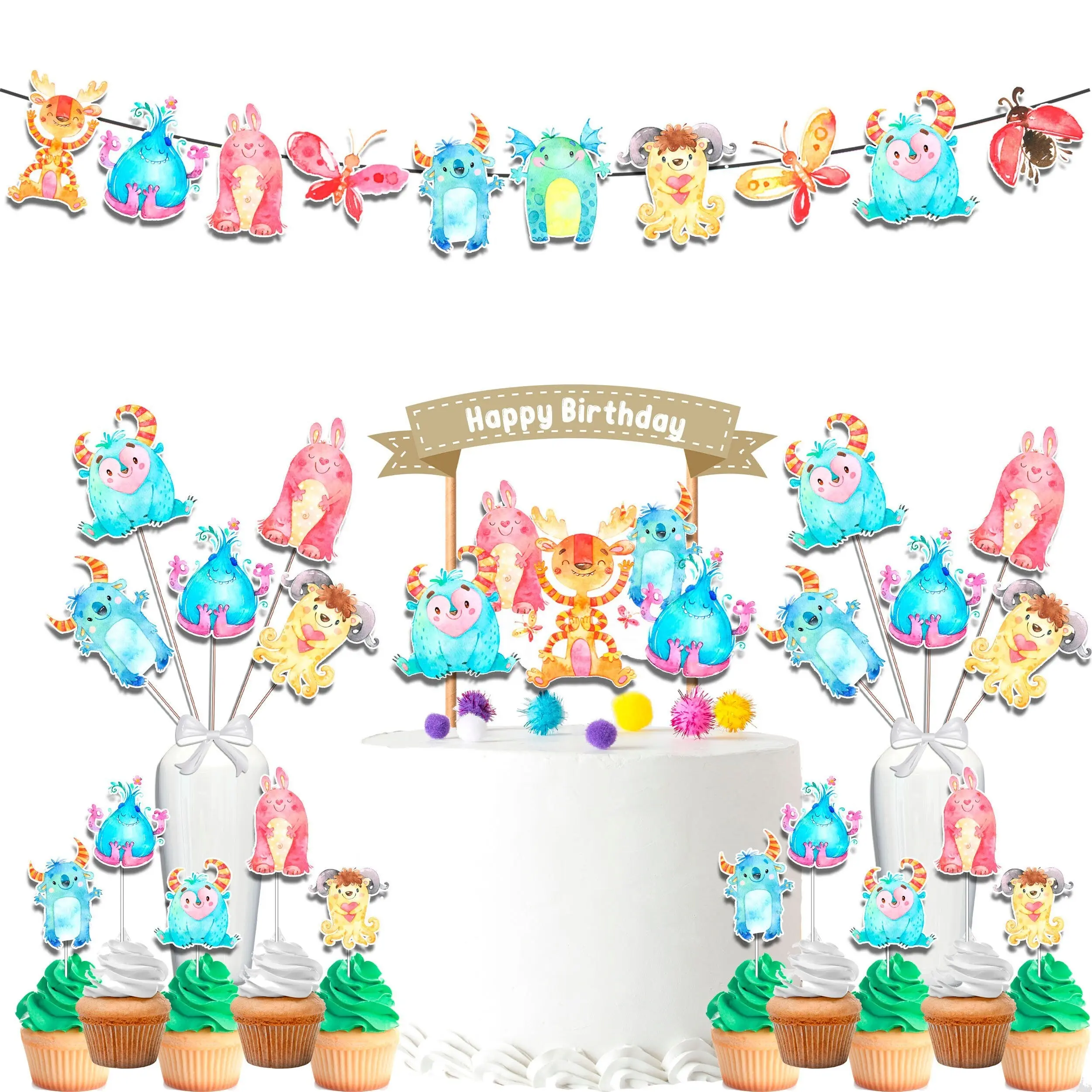 Whimsical Monster Bash Birthday Party Decor Set - Playful Cake Topper, Cupcake Toppers, Centerpieces, & Banner - Lively Celebration for Your Little Monster