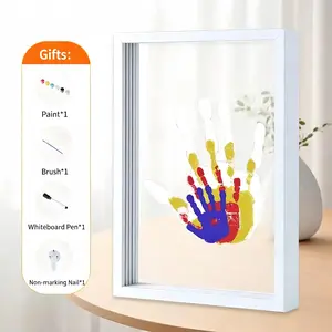 Wooden Transparent Handprint Frame Set, DIY Family Memorial Gift Kit, Acrylic Board, Colorful Paints, Holds Up to 4 Handprints-MM1