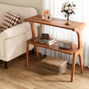 2-Tier End Table For Living Room, Farmhouse Slim Sofa Side Table With Wood Legs, Modern Tall End Table With Storage Shelf, Narrow Long Bedside Table, Nightstand For Bedroom, Living Room, Home Office, Walnut