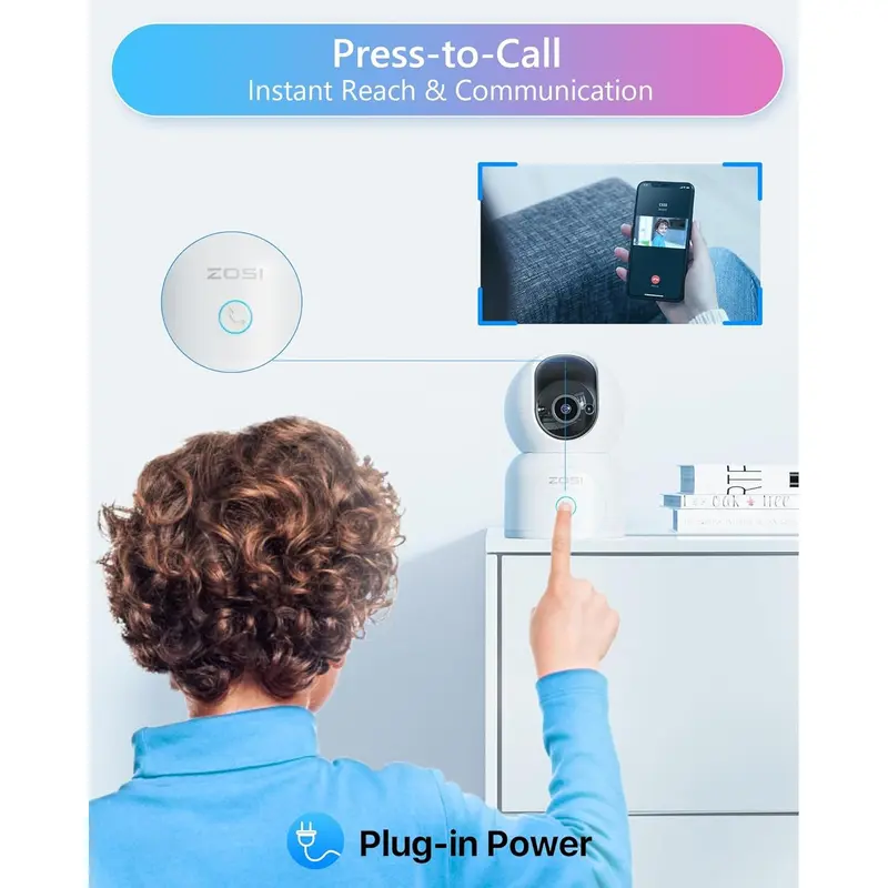 ZOSI C518 3MP 2K Indoor Pan-Tilt Smart Home Security Camera - Corded Power, Plug-and-Play, 2.4G/5G Dual-Band Wi-Fi, Phone App Control, Night Vision, Person Detection, 2-Way Audio, Cloud & Local Storage, 2-Year Guarantee