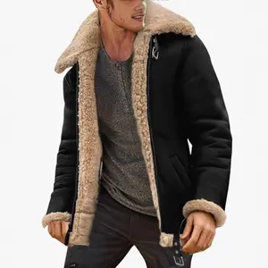 Men's Bomber Jacket Vintage Faux Leather Fur Sherpa Lining Heavyweight Cut Grooved Trench Coat Hoodie Shirt Classic Fabric for Fall Winter Outdoor Adventures Heated Jacket with Pockets