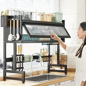 Multi-Functional Kitchen Storage Rack with Cabinet Door Access - Black Metal Countertop Organizer for Dishes, Utensils, and Cookware with Drain Tray, Towel Holder, and Spice Shelf, Sink Storage Solution Functional Kitchen Accessory