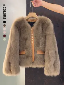 Women's Faux Fox Fur Coat, Short Autumn Winter Coat with Contrast Trim, New Korean Style Patchwork Outerwear Jackets