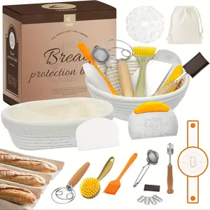 Sourdough Bread Baking Supplies, Bread Making Kit Including 9" Round & 10" Oval Cane Sourdough Baskets Danish Whisk, Bowl & Dough Scrapers, and Linen Liners, Making Baking Fermentation（13 pcs）