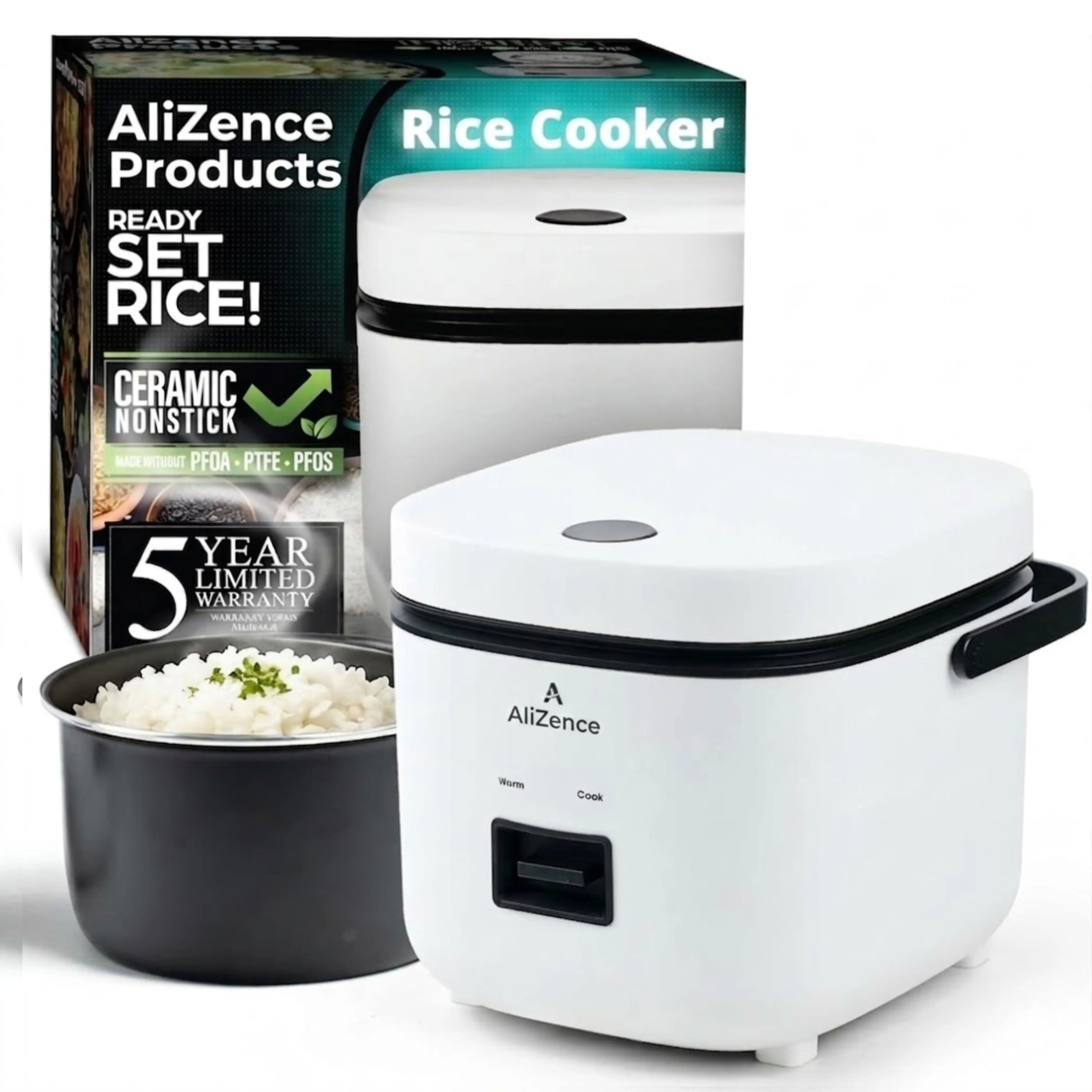 Rice Robot Personal Rice Cooker - 1 Qt, PFAS-Free Ceramic Non-Stick, Auto Keep Warm, Click and Cook Tech, Stainless Steel Steamer Tray, Measuring Cups, 60-Recipe Book, Serving Spoon, Ideal for Dorm Rooms & Apartments, As Seen On TV