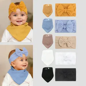 New Pure Color Gauze Triangle Bib Baby Cloth Saliva Towel Waterproof Bibs Children Bowknot Hairband High Elastic Nylon Set