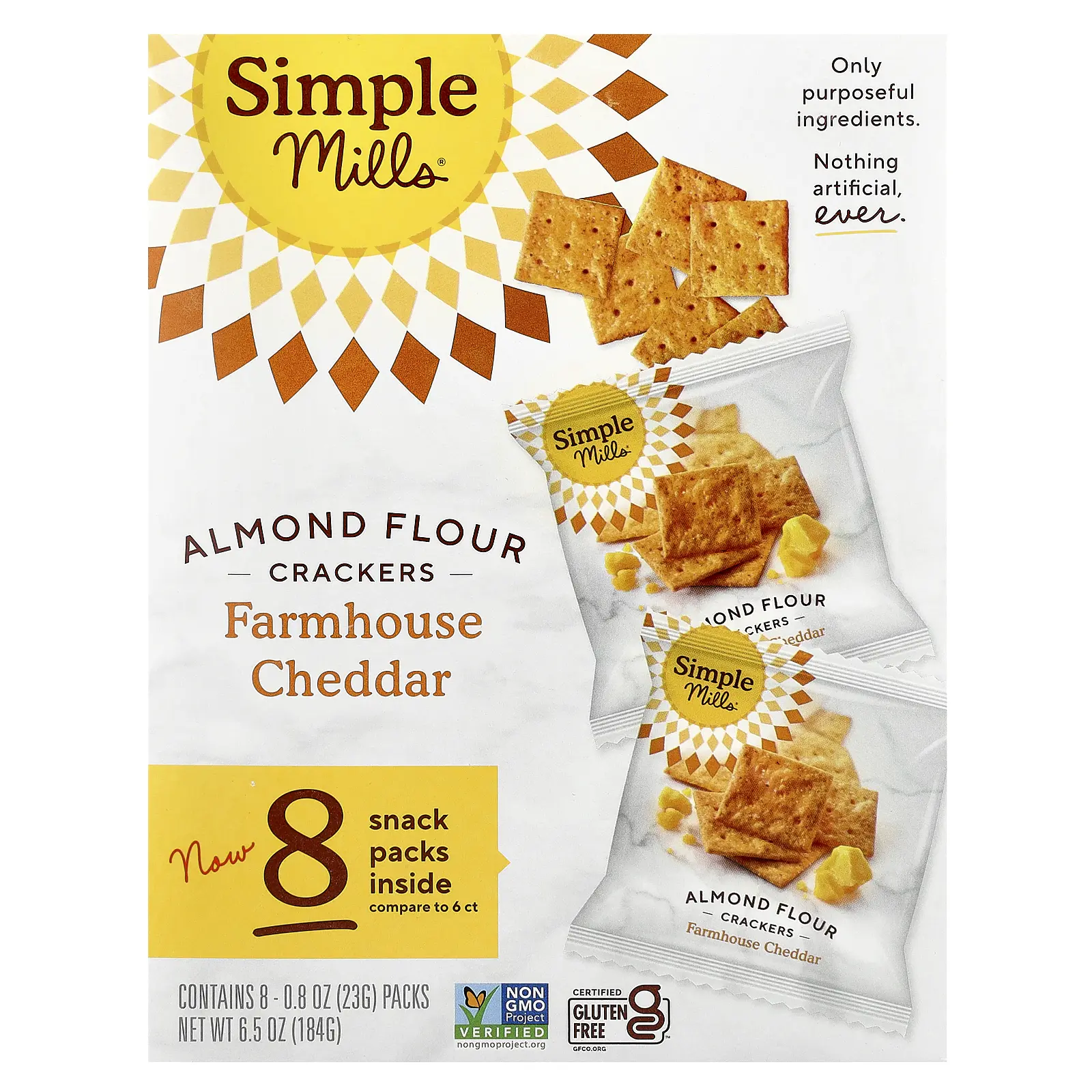 Simple Mills Almond Flour Crackers, Farmhouse Cheddar, 8 Packs, 0.8 oz (23 g) Each