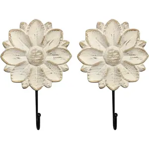 Decorative Wall Mounted Flower Hooks, White Distressed  Hanging Hooks, Farmhouse Boho Coat Rack for Hanging Things, Towels, Purse
