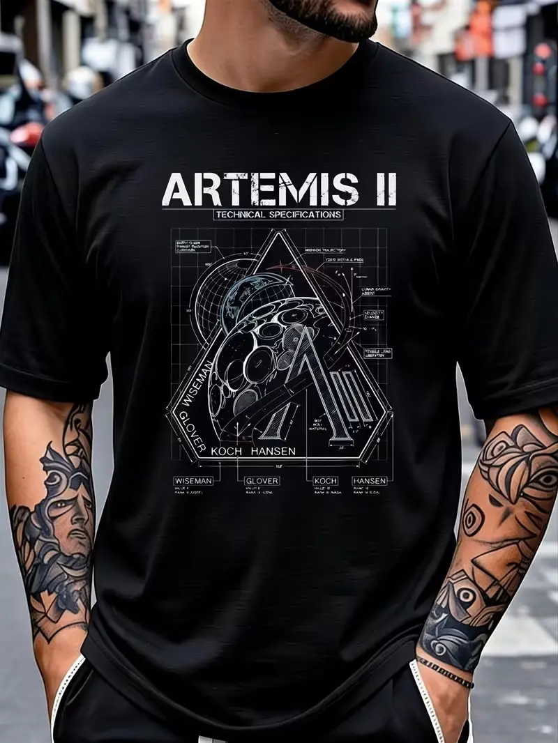 Men's NASA Artemis 2 Lunar Mission Graphic T-Shirt - Round Neck, Short-Sleeve Cotton Tee, Minimalist Breathable Casual Top, Space Engineer Gift, Graphic Print, No