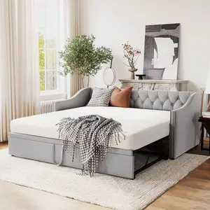 Twin Size Upholstered Daybed with Pop Up Trundle, Velvet Extendable Daybed with Tufted Backrest, Twin to King Daybed Sofa Bed Frame with Nailhead Trim for Bedroom, Living Room