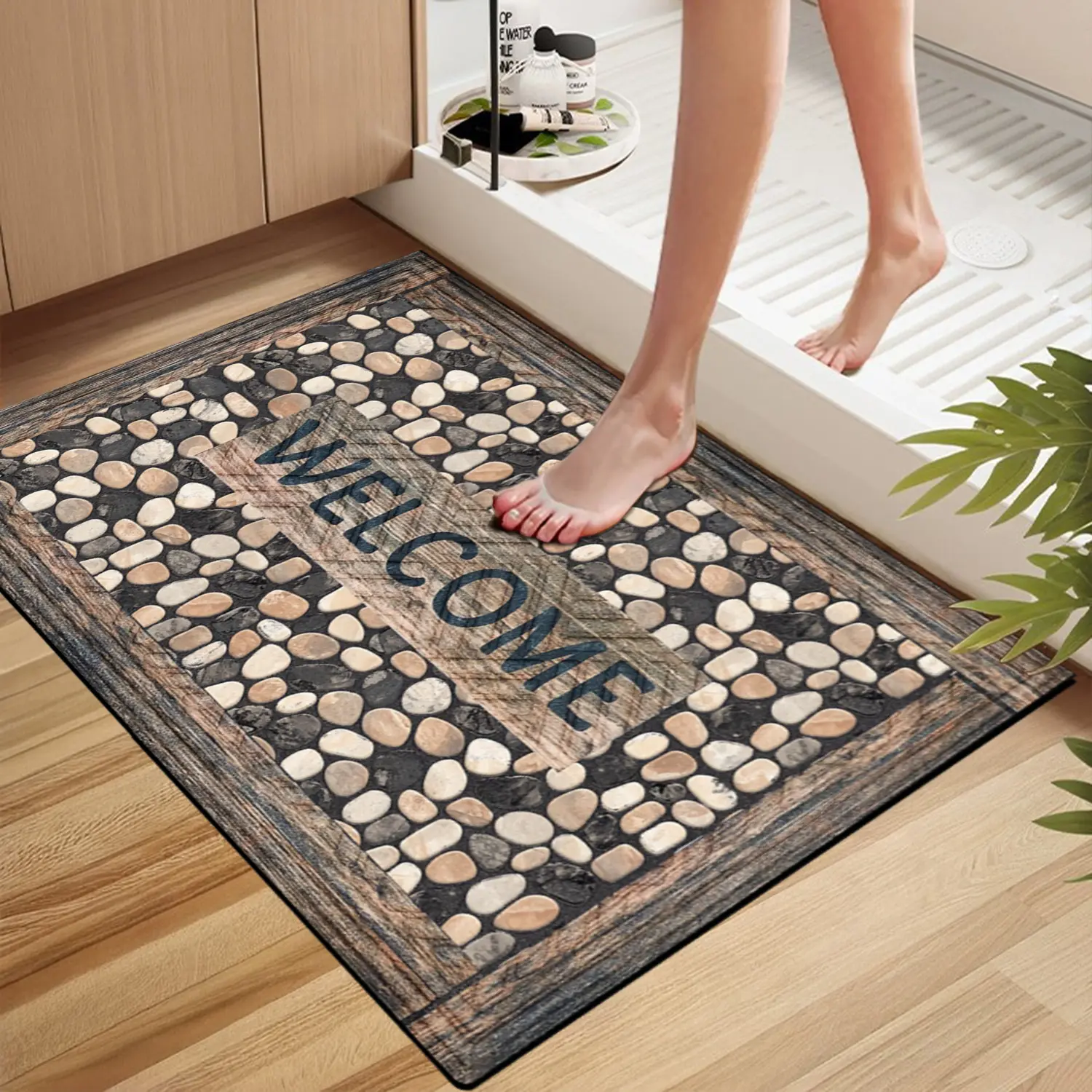 2D Printing Natural Stone Rubber Doormat, Rustic Welcome Mat for Indoor-Outdoor Entryway, Waterproof Non-Slip Dirt-Resistant Rectangular Bath Mat, Home Decor Mat, Front Door Decor