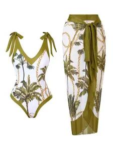 Women's Plants Print One-Piece Swimsuit & Sheer Cover Up Skirt Set, Casual Fashion Swimwear Set for Beach Holiday Vacation, Ladies Swimsuit for All Seasons