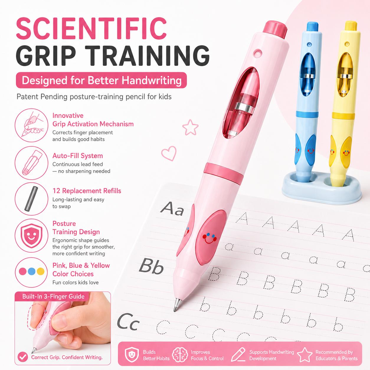 Write Right Learning,back to school shopping 2026 2027 Pencil Kids Handwriting Gripper,Posture-Correcting Pen with Automatic Refill, Posture Correction Training Writing, 12 Replacement Refillers Cheerful Colors chalk fun desk supplies pencil