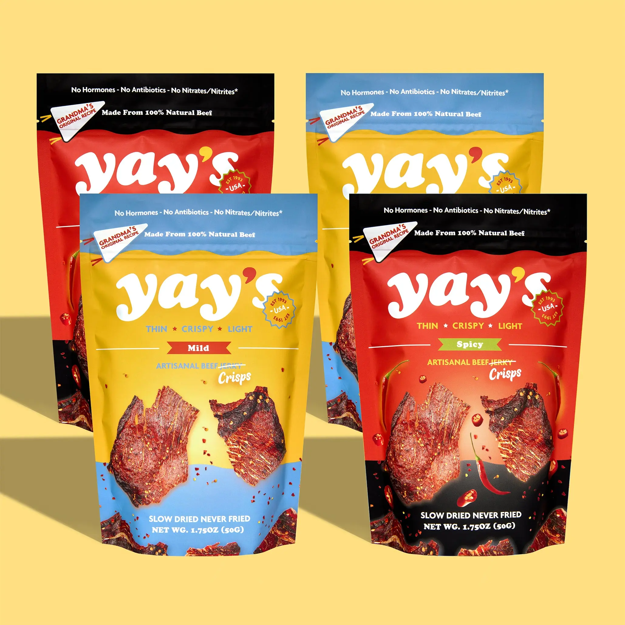 Pack: 2 Mild & 2 Spicy Crispy Beef Chips Beef Jerky Crisps Pack: 2 Mild & 2 Spicy Crispy Beef Chips Beef Jerky Crisps